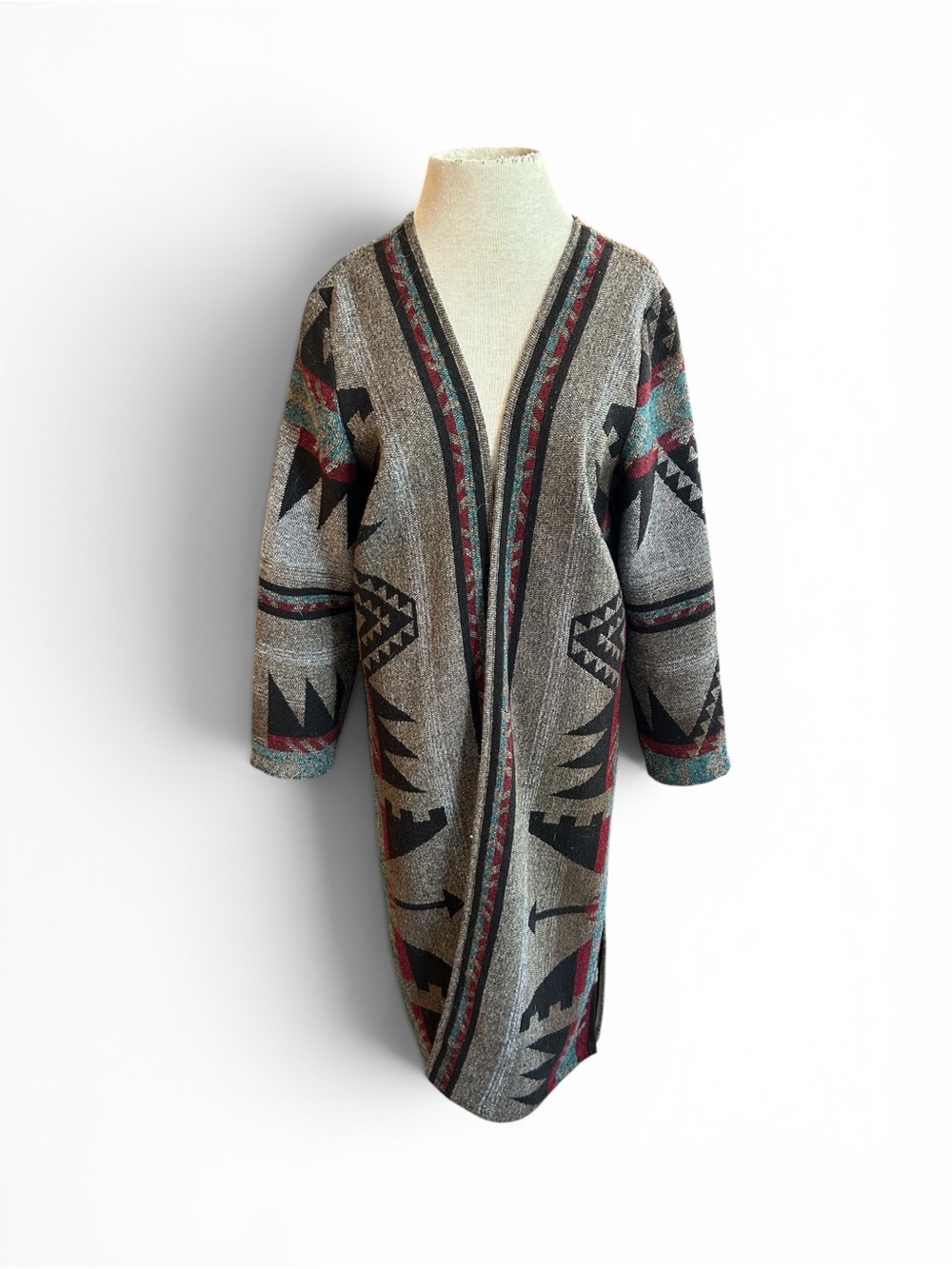 Unique Southwest Tribal Pattern Gray Long Jacket Aztec Desgin size m